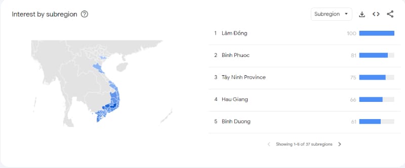 Các tỉnh thành yêu thích thương hiệu Cwin theo google trend